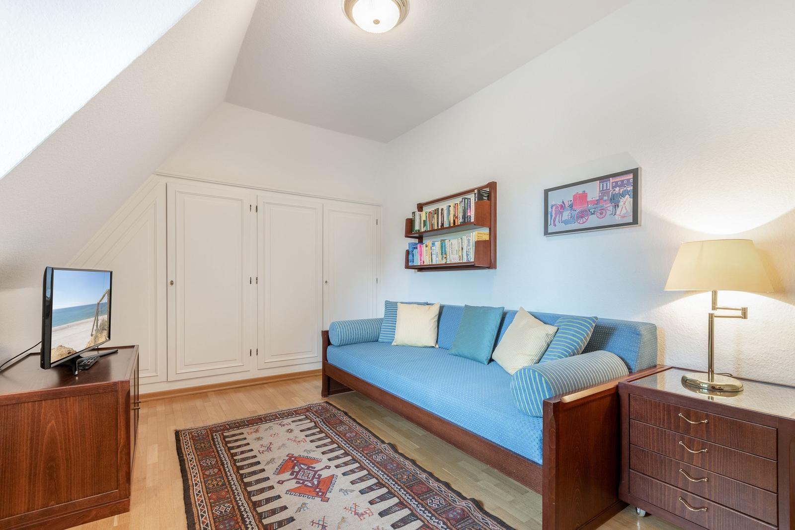 Bedroom with blue sofa, bookshelf, and TV.