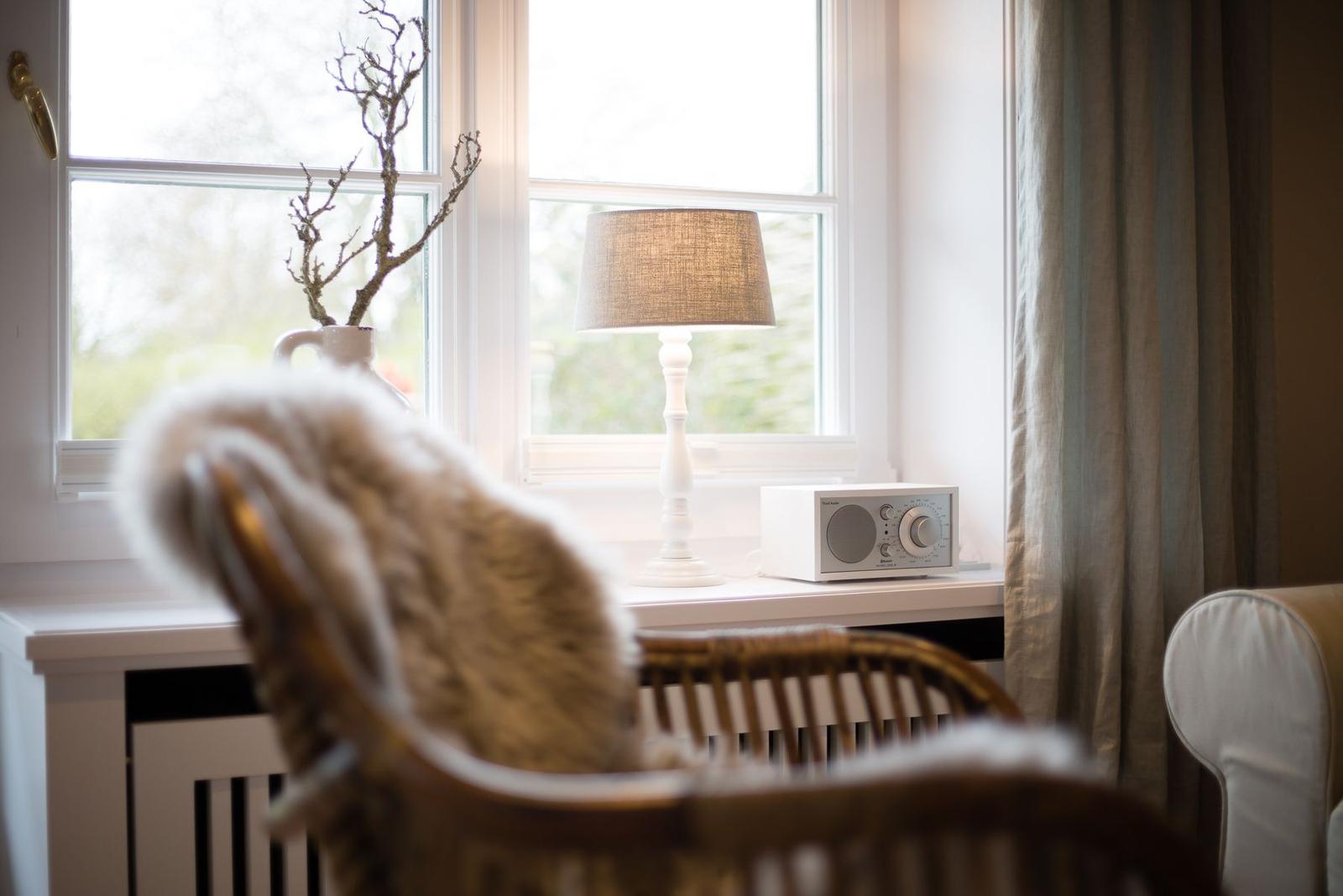 A window with lamp, radio, and vase with branches. In foreground, a chair with fur cover.
