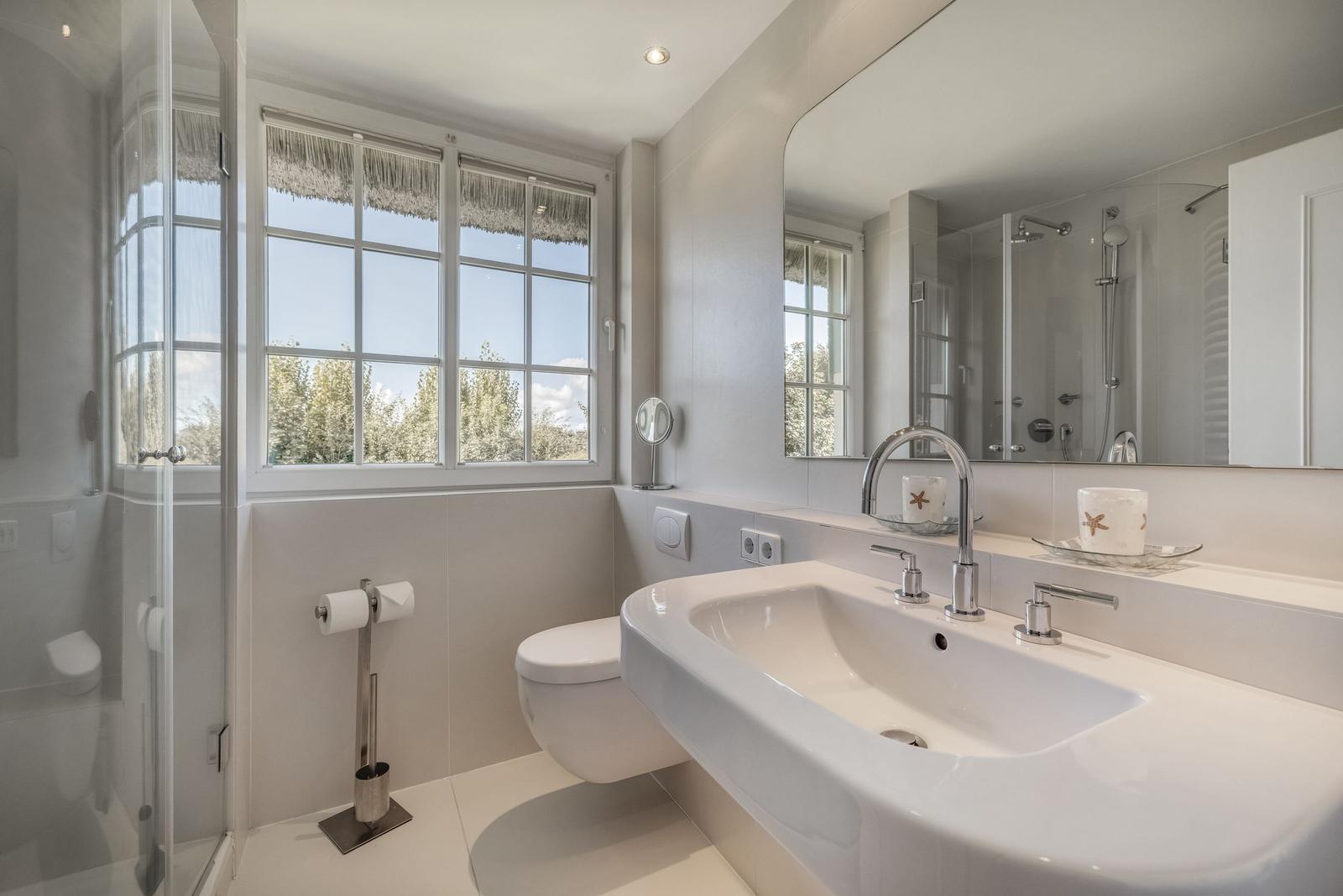 Bathroom with sink, toilet, and shower. Window with view of trees.