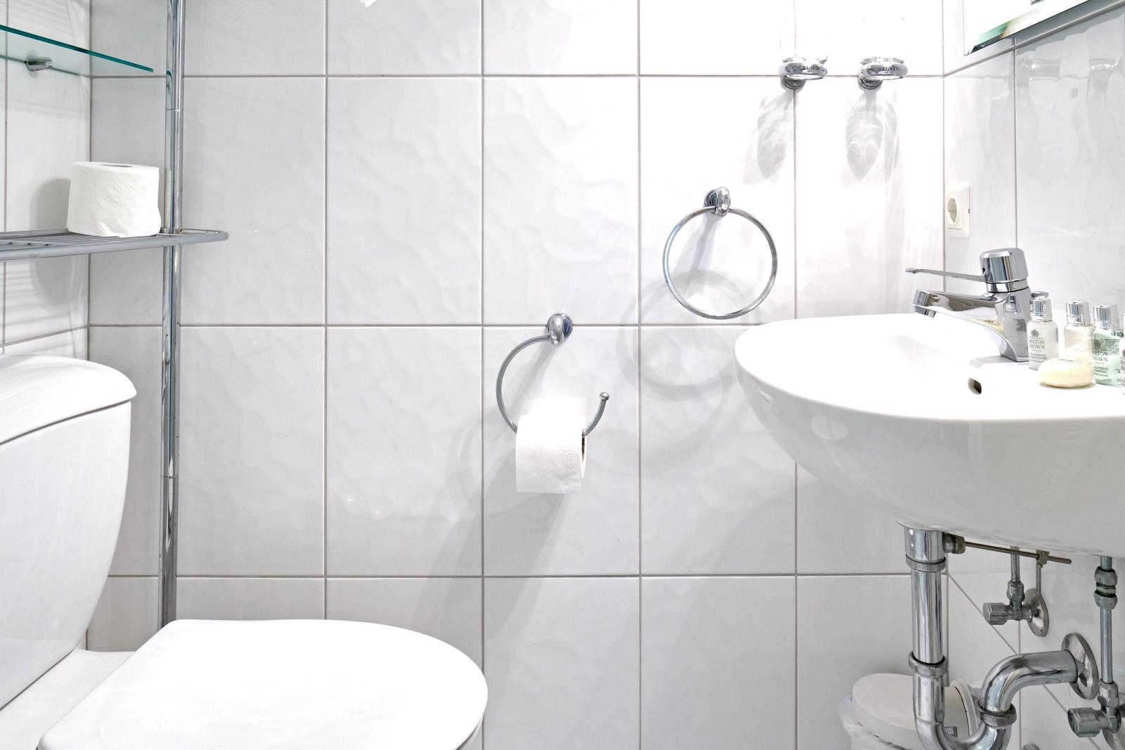Badezimmer mit Toilette, Waschbecken und Toilettenpapierhalter.