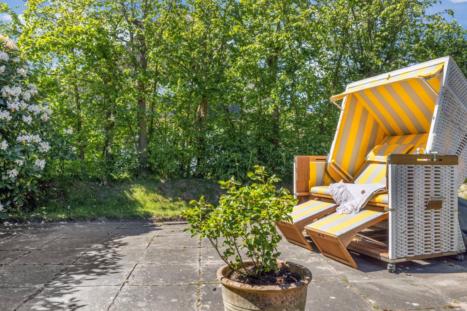 Helle Strandkörbe auf Terrasse mit Pflanze und Bäumen im Hintergrund.