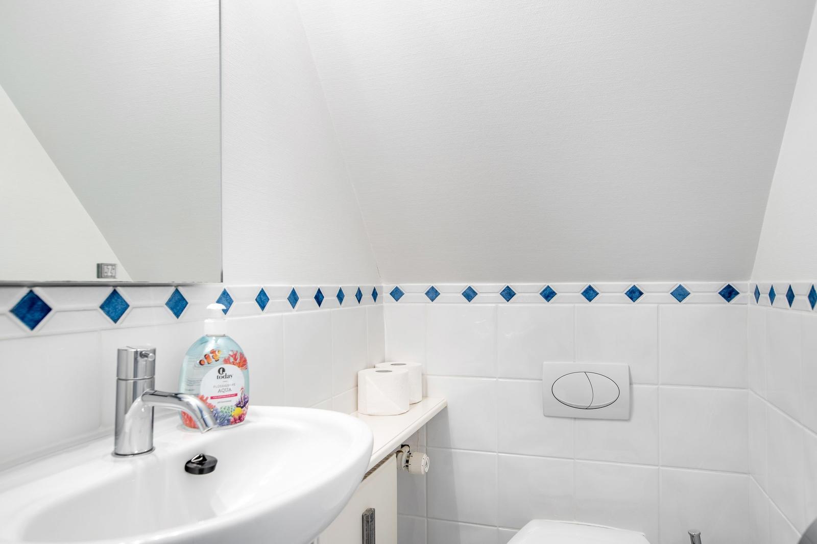 Bathroom with sink, mirror, and toilet. Walls tiled with blue accents.