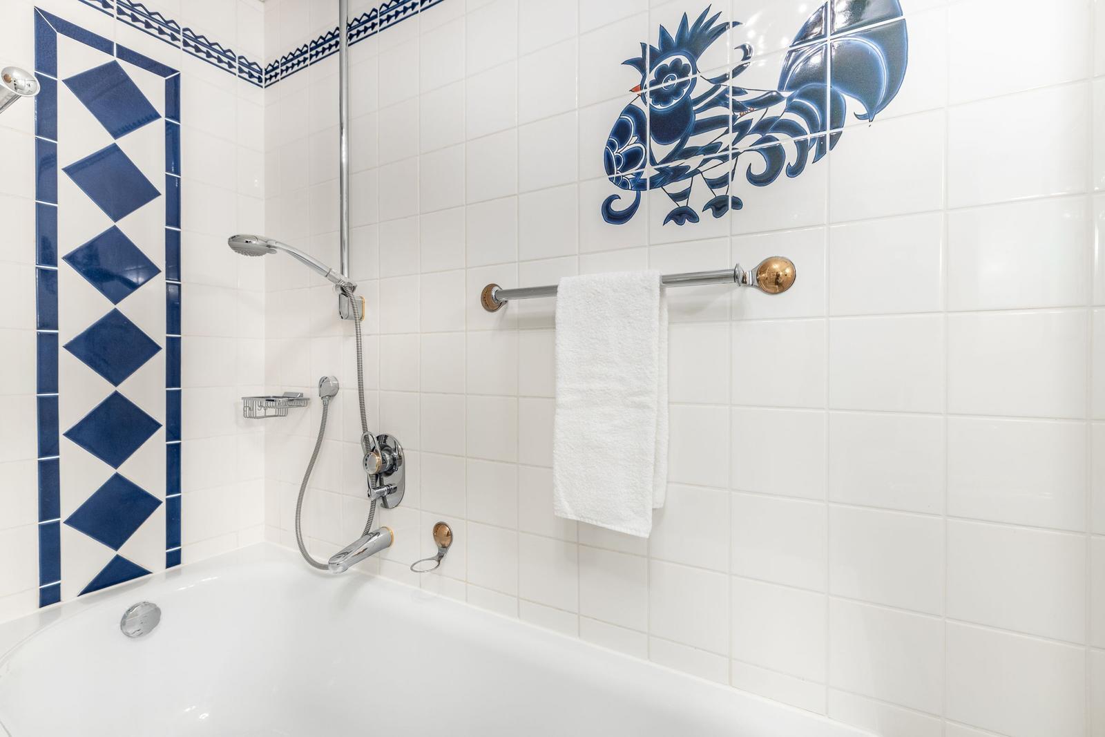 Bathroom with bathtub, showerhead, and blue-white tiles