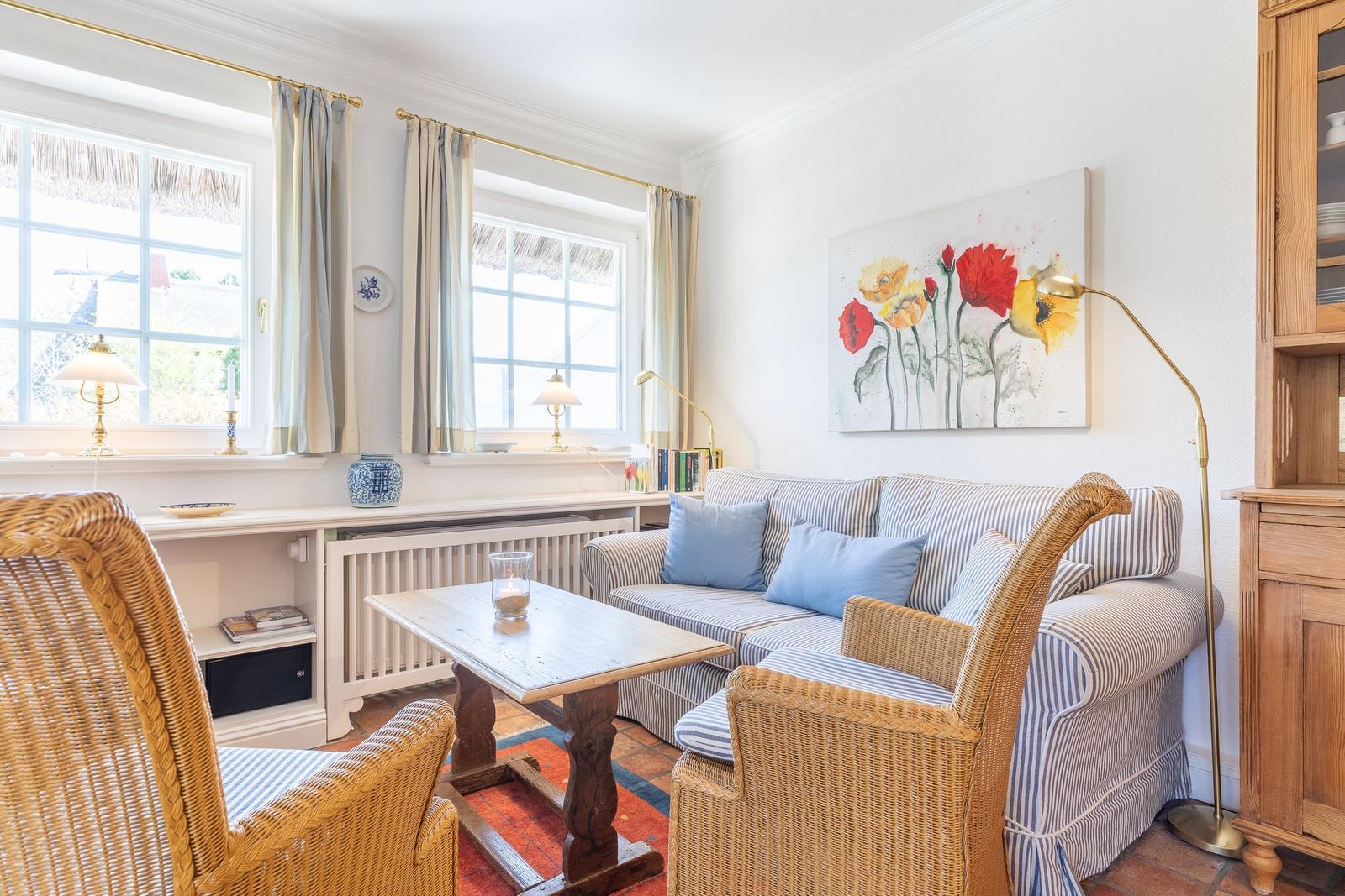 Living room with sofa, chairs, and painting on the wall.