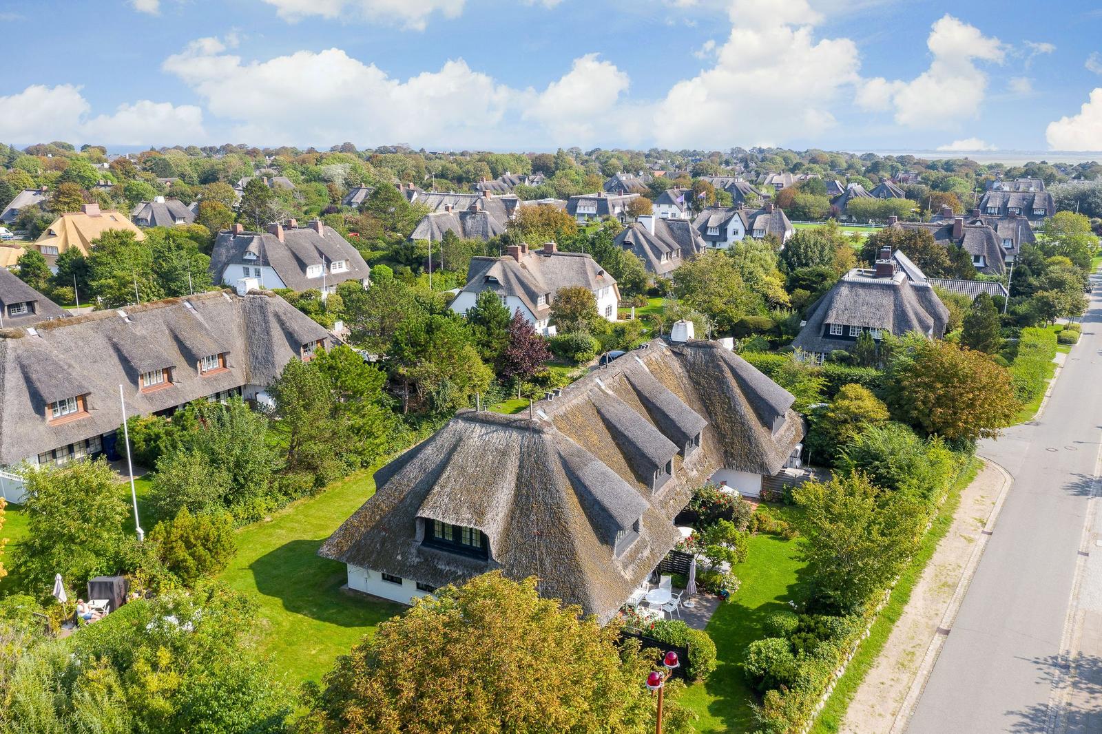 Dorf mit strohgedeckten Häusern und grünen Gärten unter blauem Himmel.