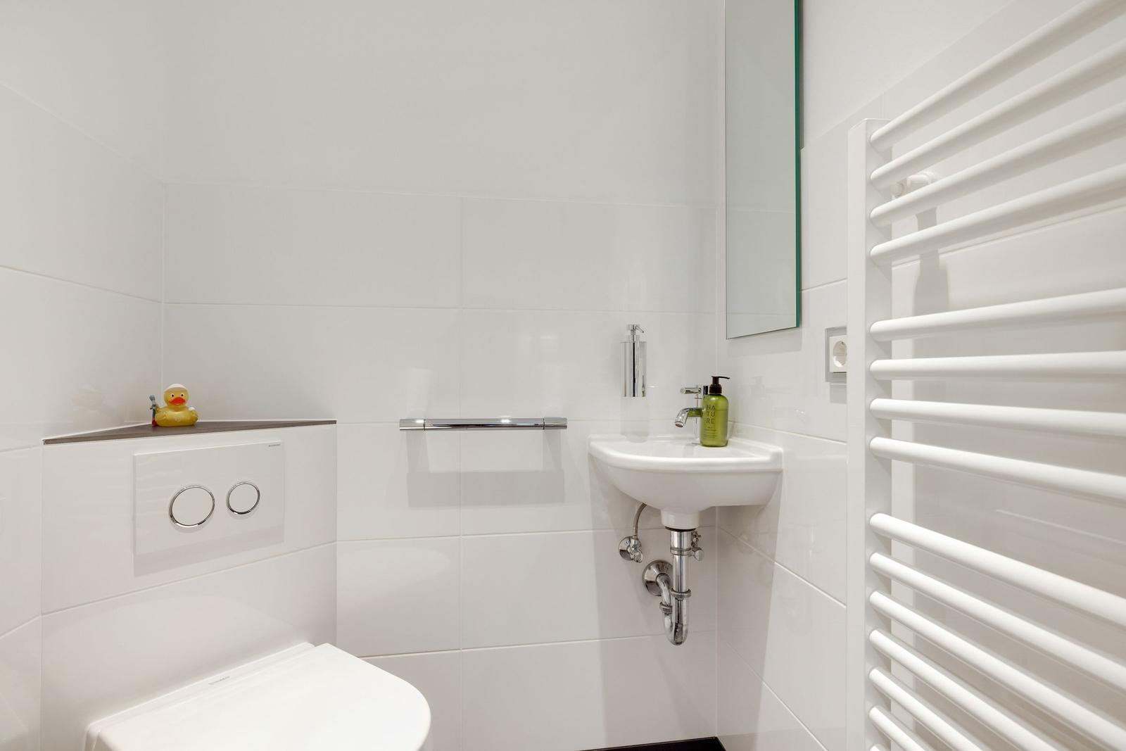 Bathroom with toilet, sink, and heater