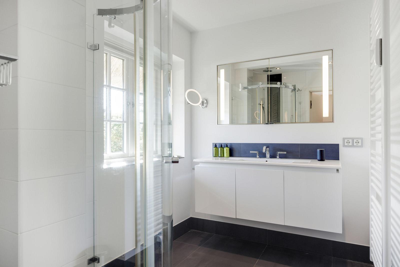 Bathroom with shower, sink, and mirror.