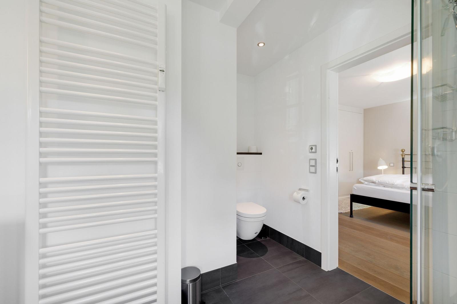 Bathroom with toilet and shower. View into the bedroom with bed.