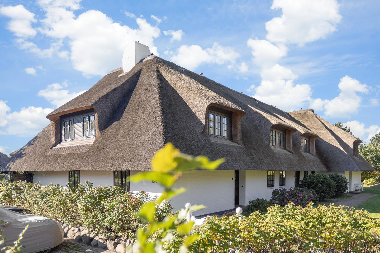 House with thatched roof, windows, and garden under blue sky.