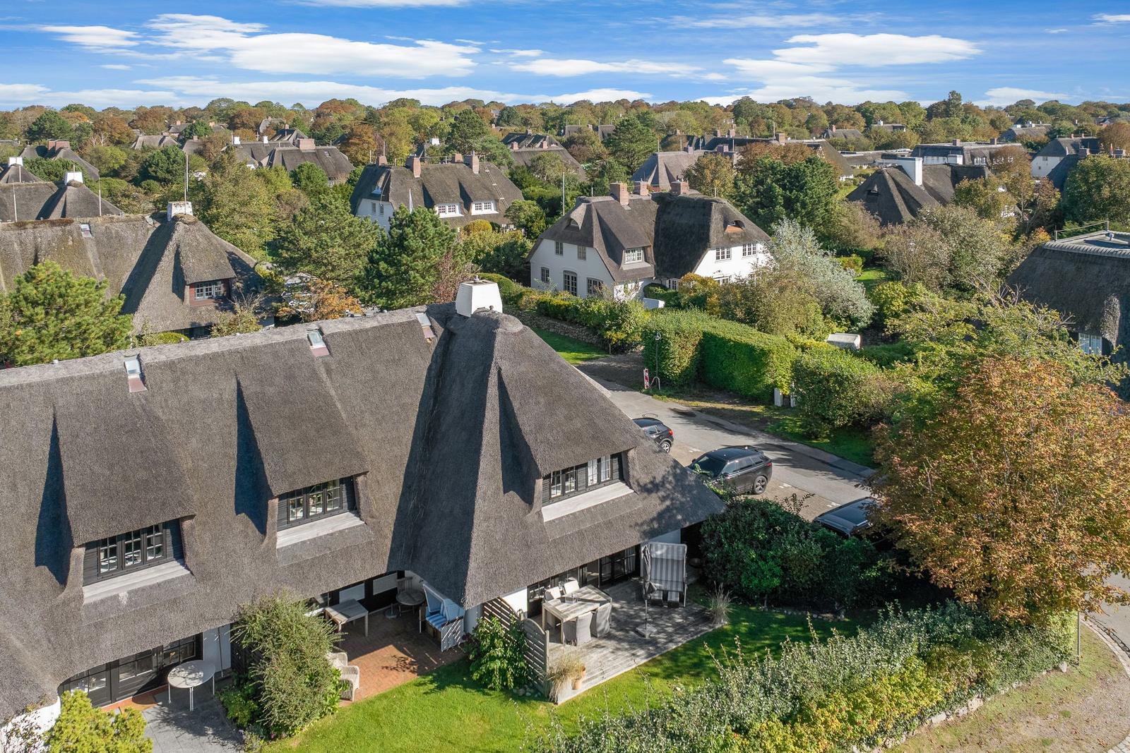 Village with thatched houses and green gardens under blue sky.