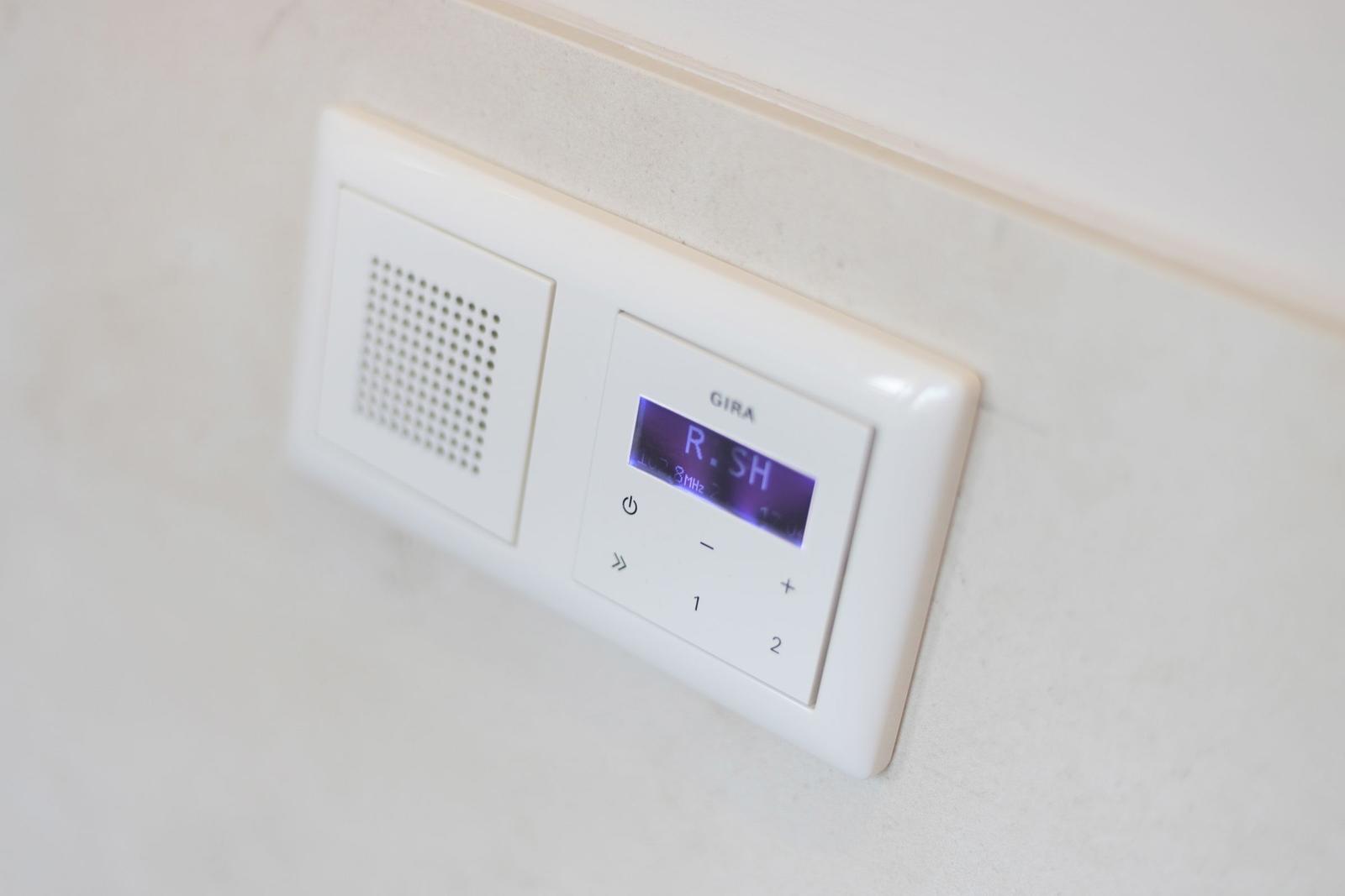 Wall-mounted audio control with display and speaker