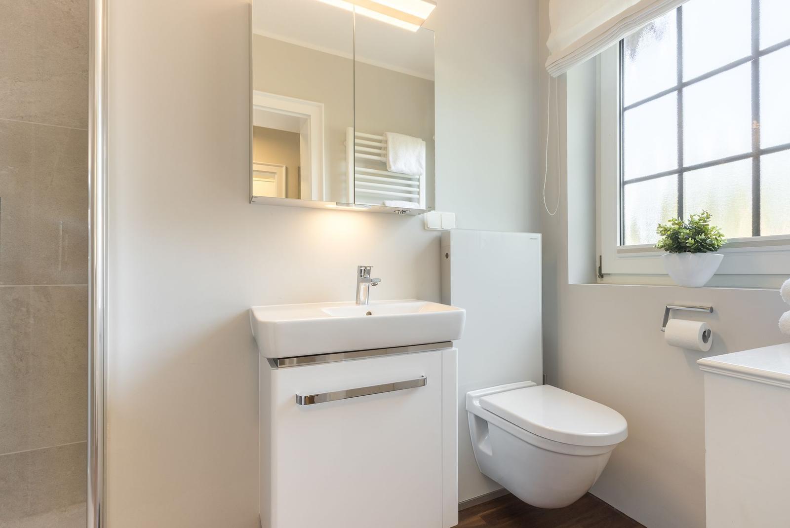 Badezimmer mit Waschbecken, Toilette und Dusche. Fenster mit Pflanze.