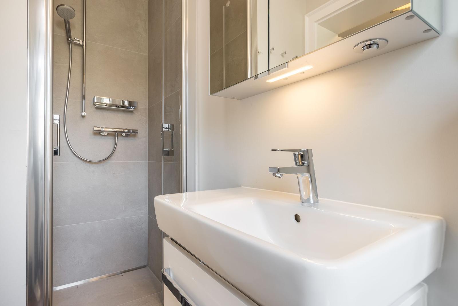 Bad mit Dusche, Waschbecken und Spiegelschrank