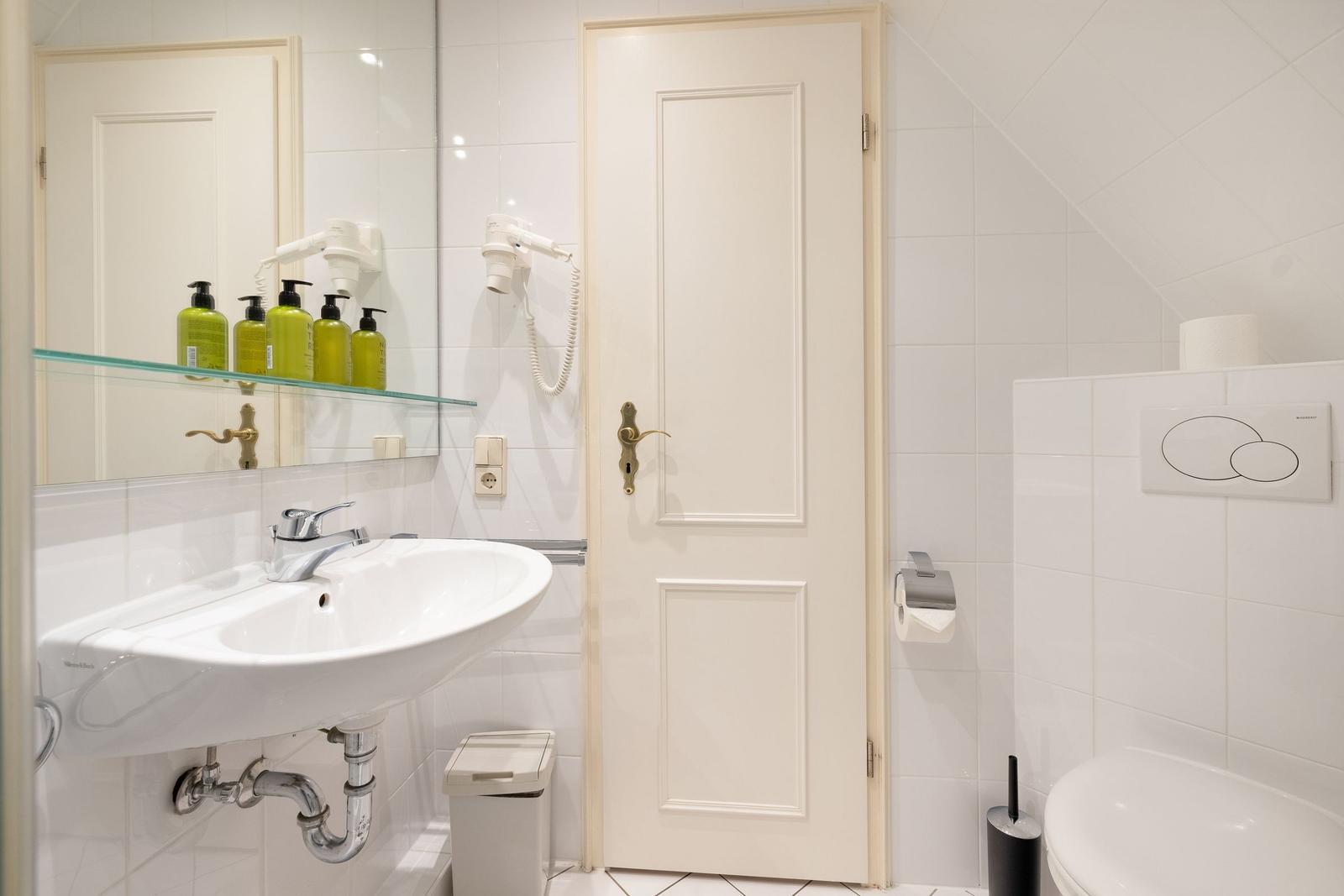 Bathroom with sink, mirror, toilet, and shower