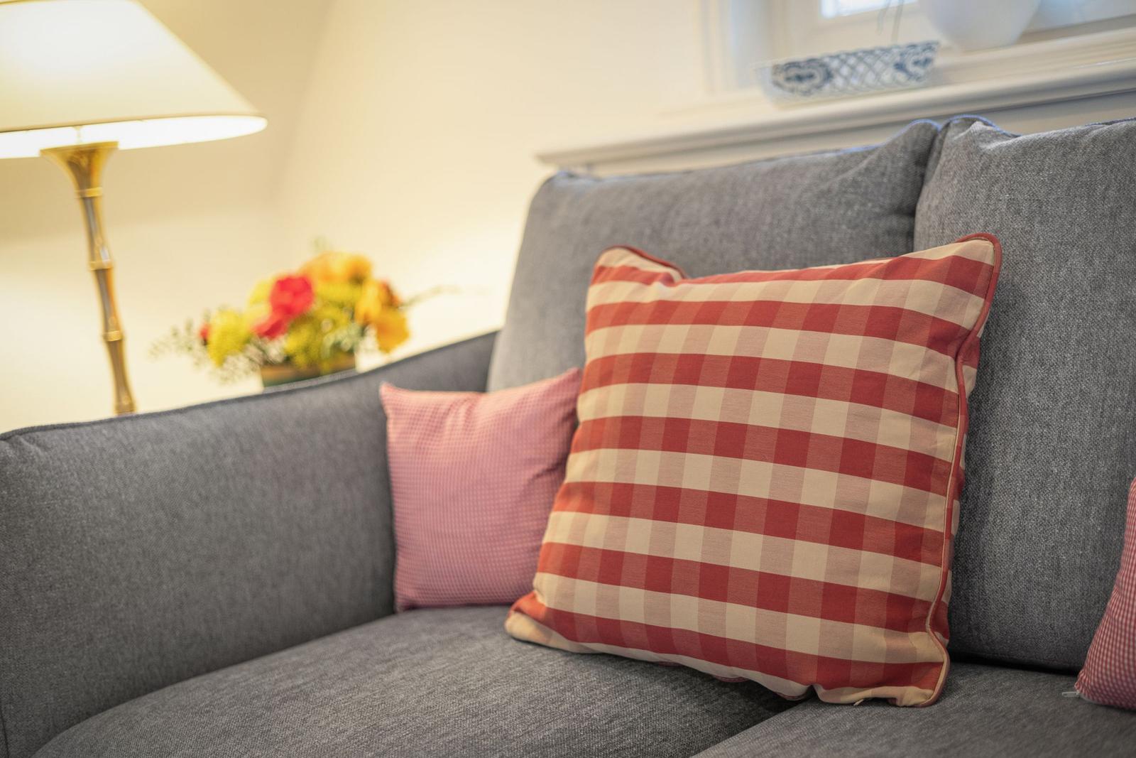 A gray sofa with checkered red-and-white cushions and pink.