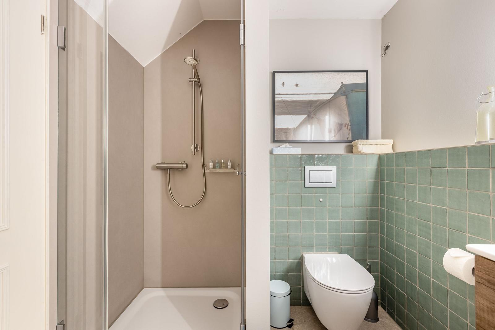 Dusche mit Duschbrause, Toilette und grüne Fliesenwand.