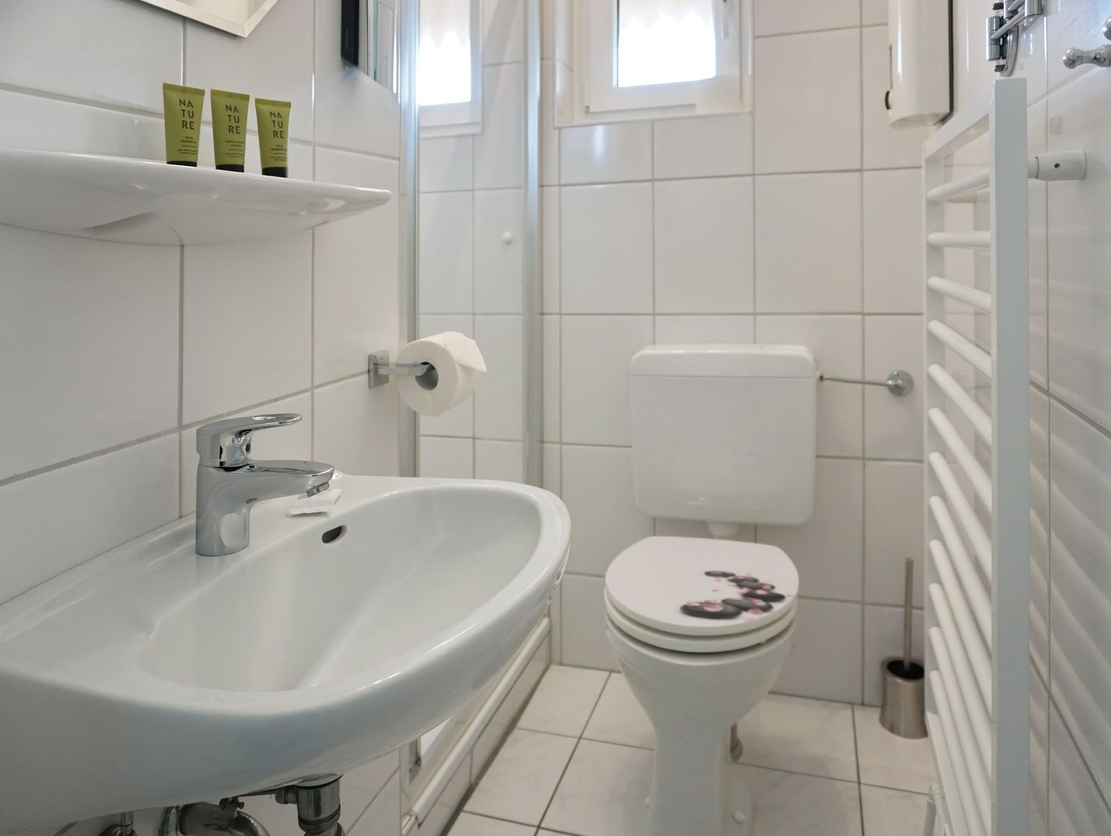 Bathroom with sink, toilet, and heated towel rail