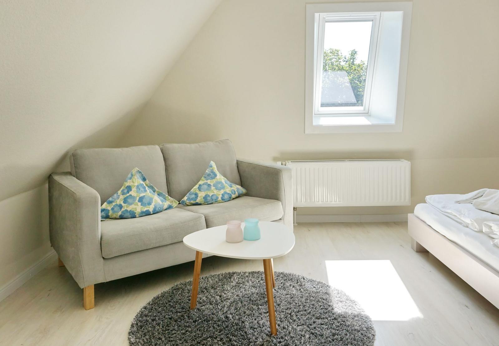 Room with sofa, bed, and skylight. Wooden floor and round rug.