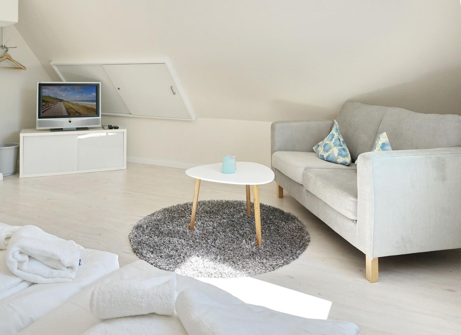 Living area with sofa, round rug, and TV under sloped ceiling.