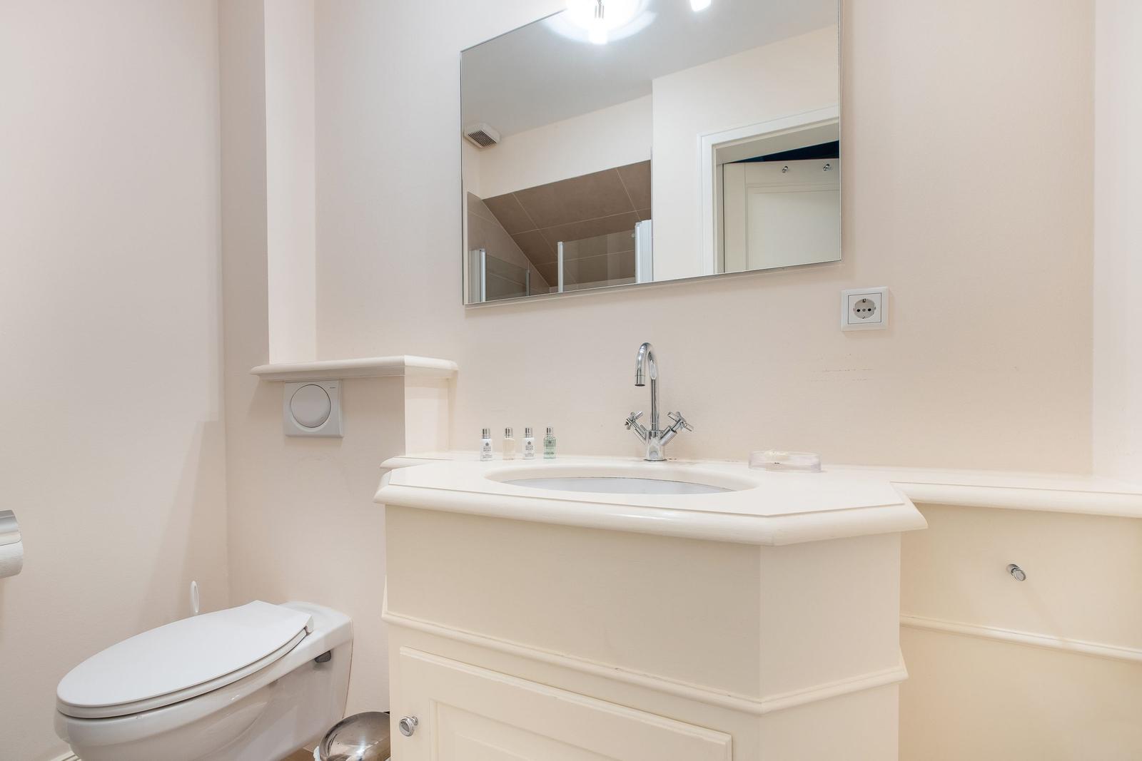 Bathroom with sink, mirror, and toilet.