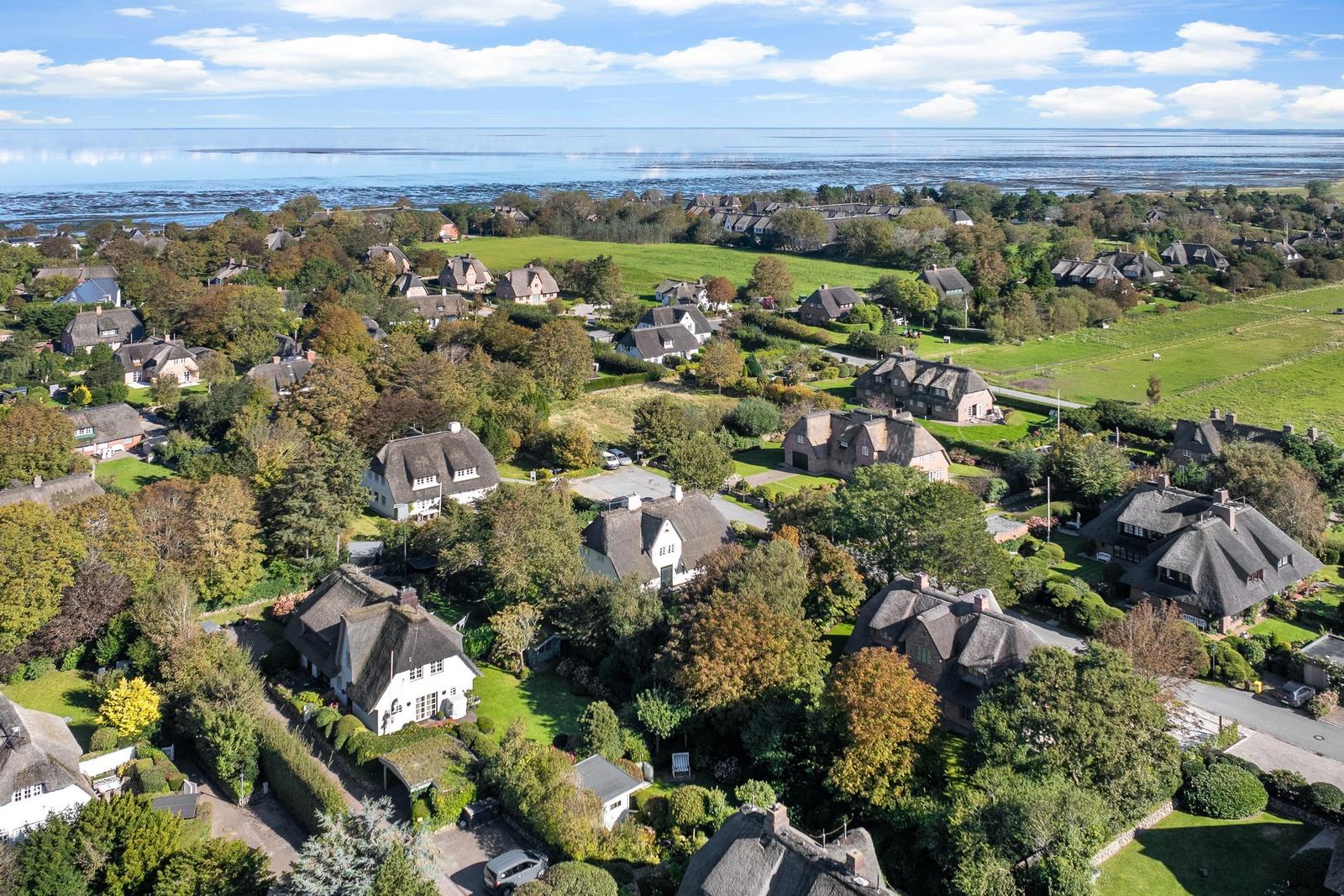 Village with thatched roofs, green meadows, and view of the North Sea.