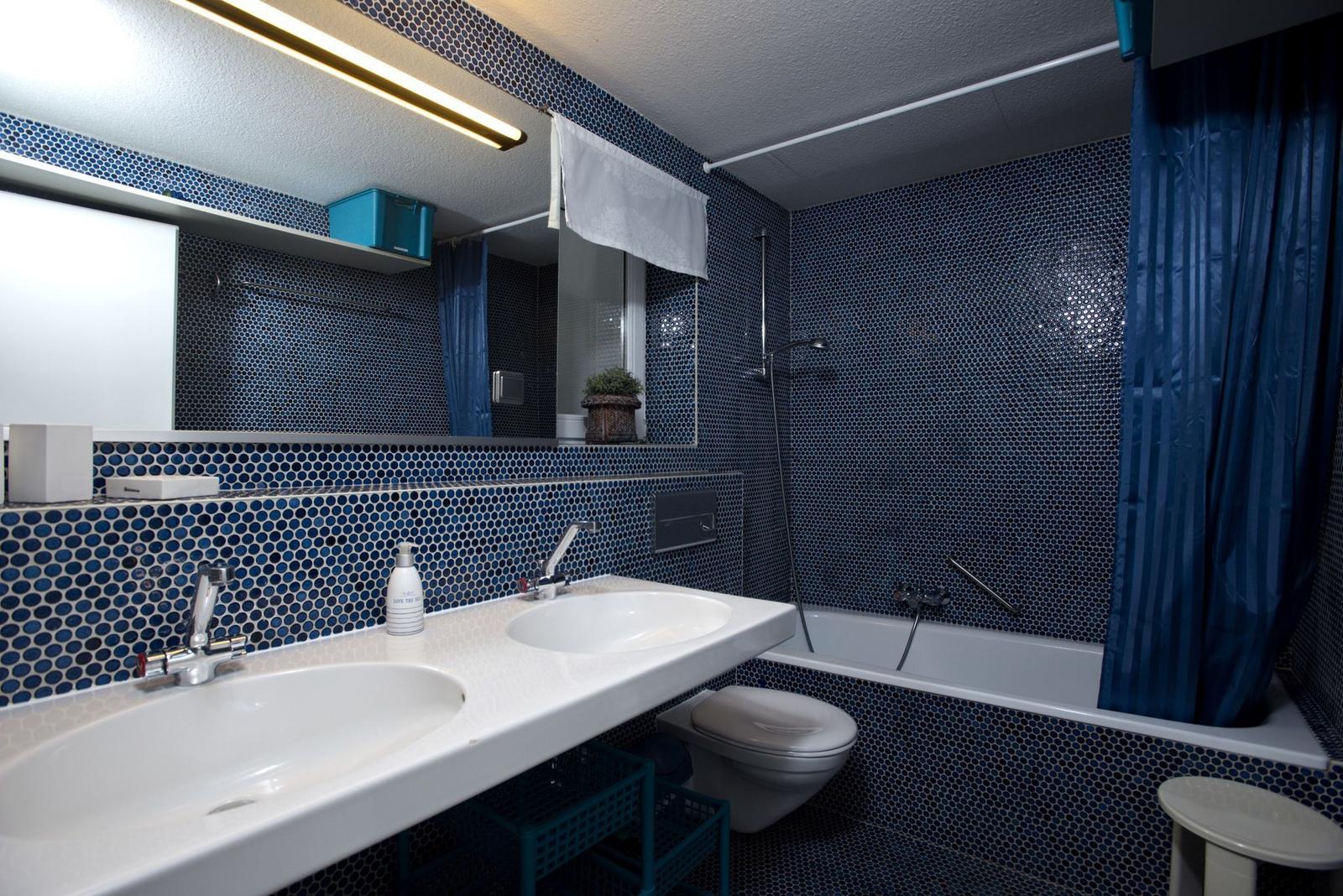 Bathroom with blue mosaic tiles, shower, bathtub, and double sink.