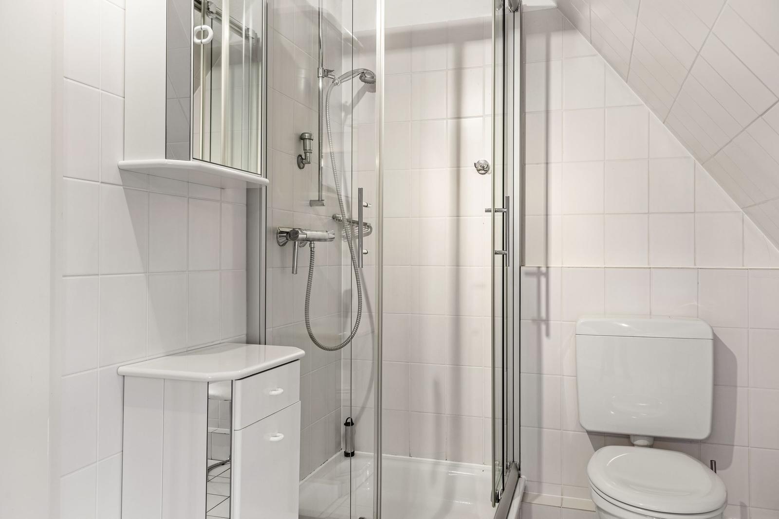 Bathroom with shower, toilet, and sink
