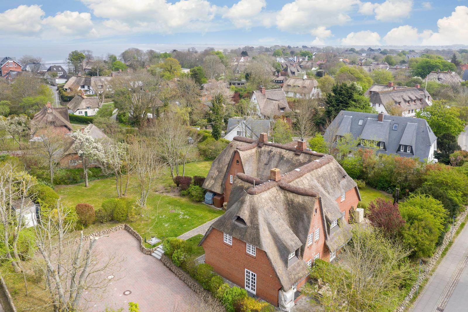 Thatched-roof house with garden, surrounded by trees and other houses.
