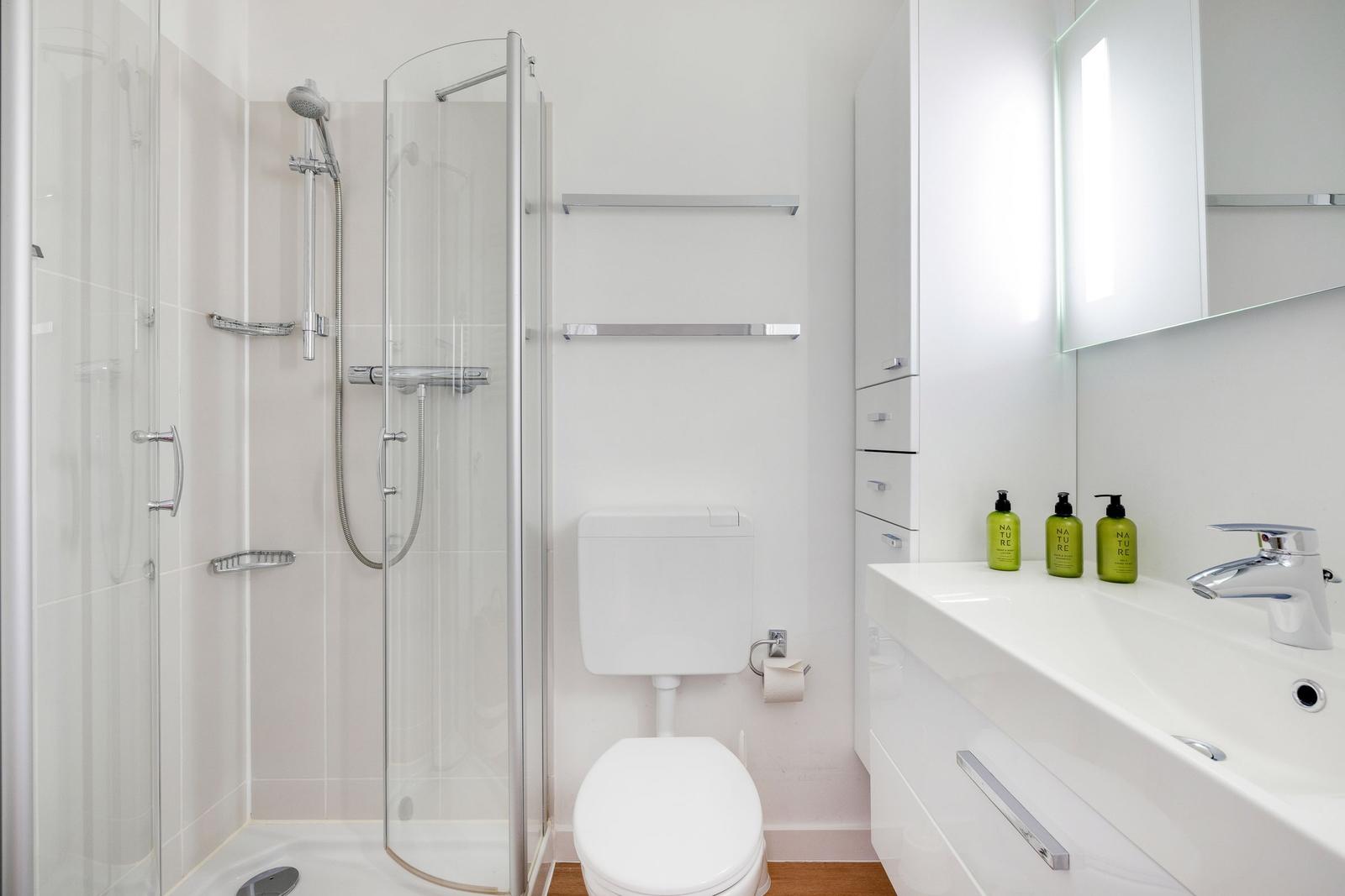 Bathroom with shower, toilet, and sink with mirror.