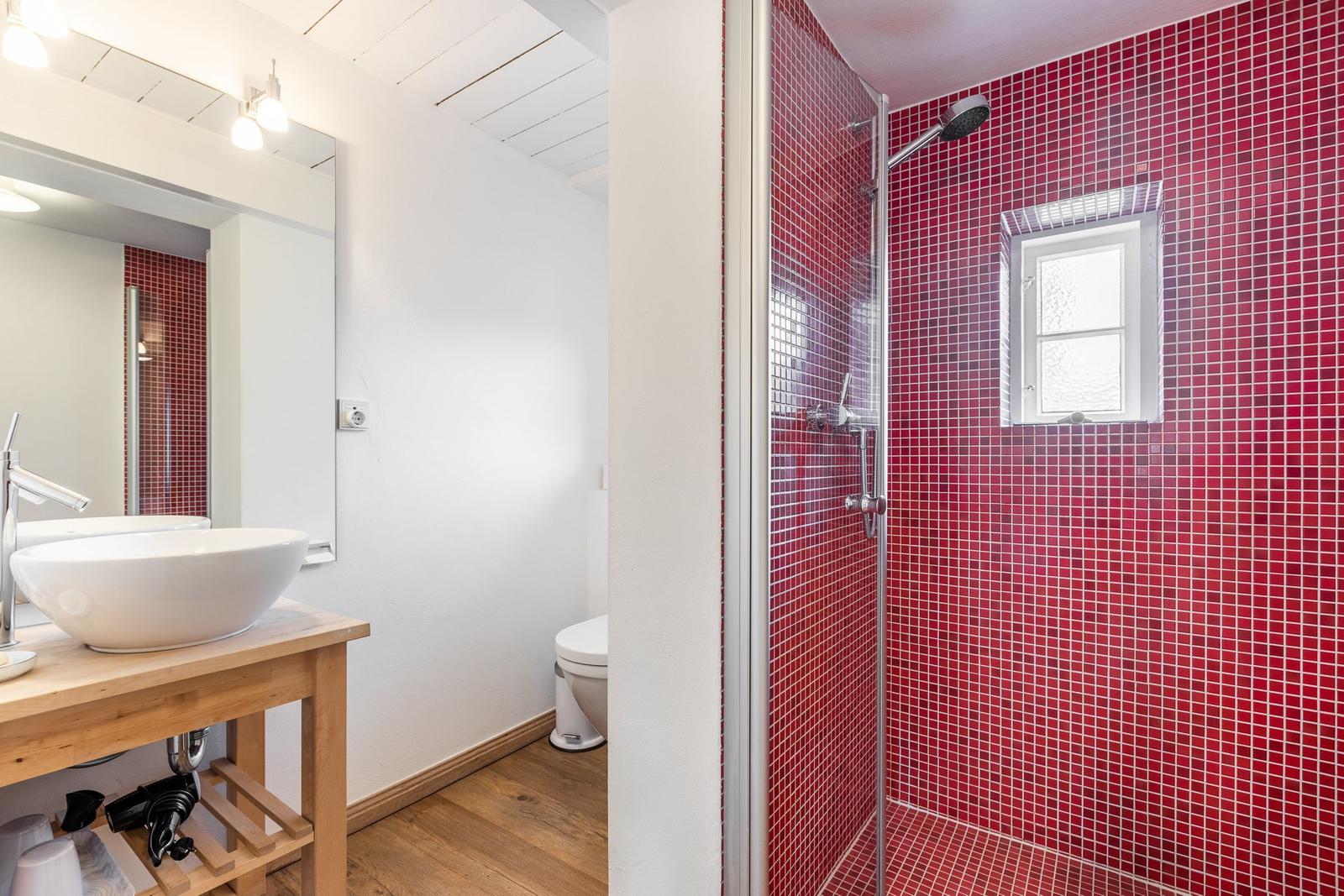 Bathroom with red mosaic tiles, shower, sink, and toilet.