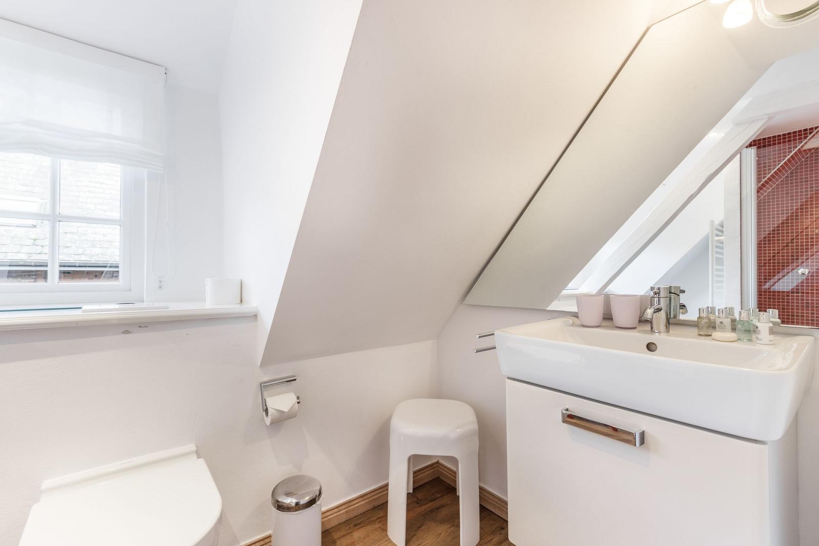 Bathroom with shower area, sink and toilet under sloped roof