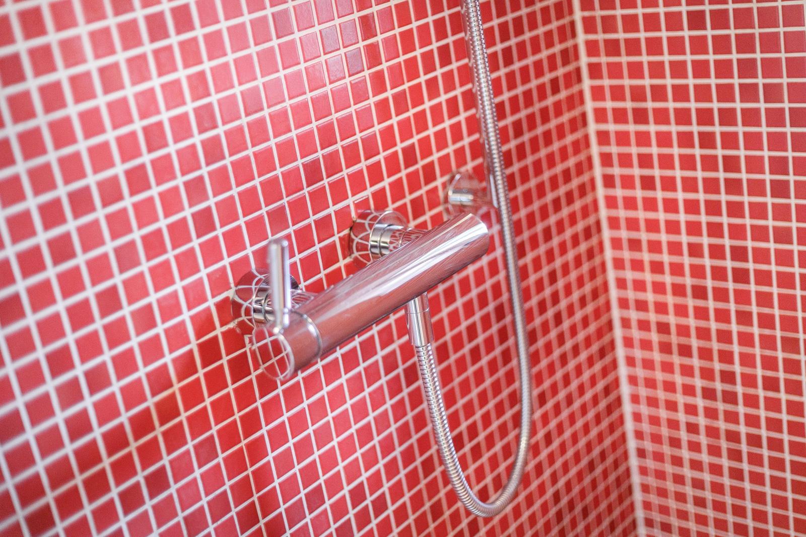 Shower head with faucet on red mosaic tiles