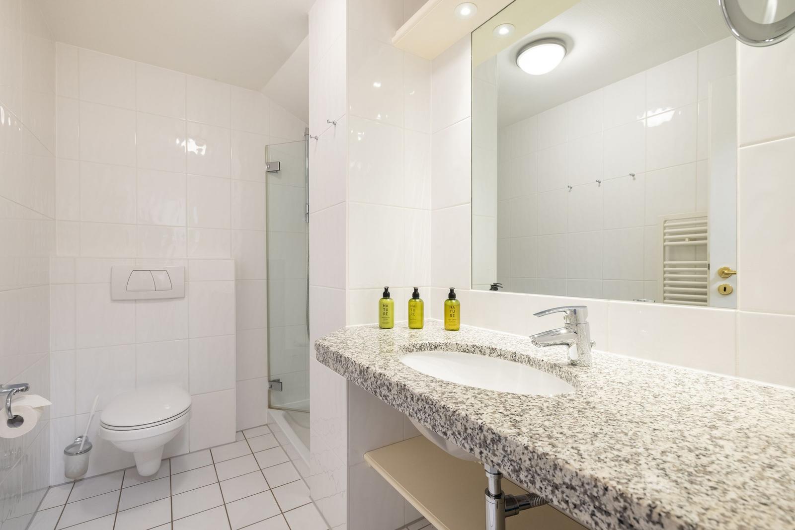 Bathroom with shower, toilet, and sink with mirror.
