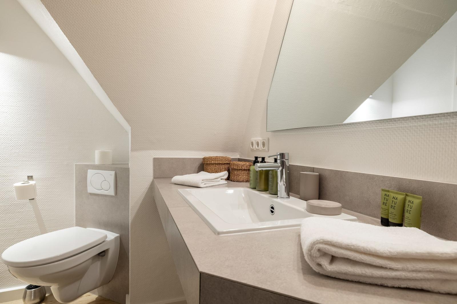 Bathroom with sink, mirror and toilet under sloped ceiling