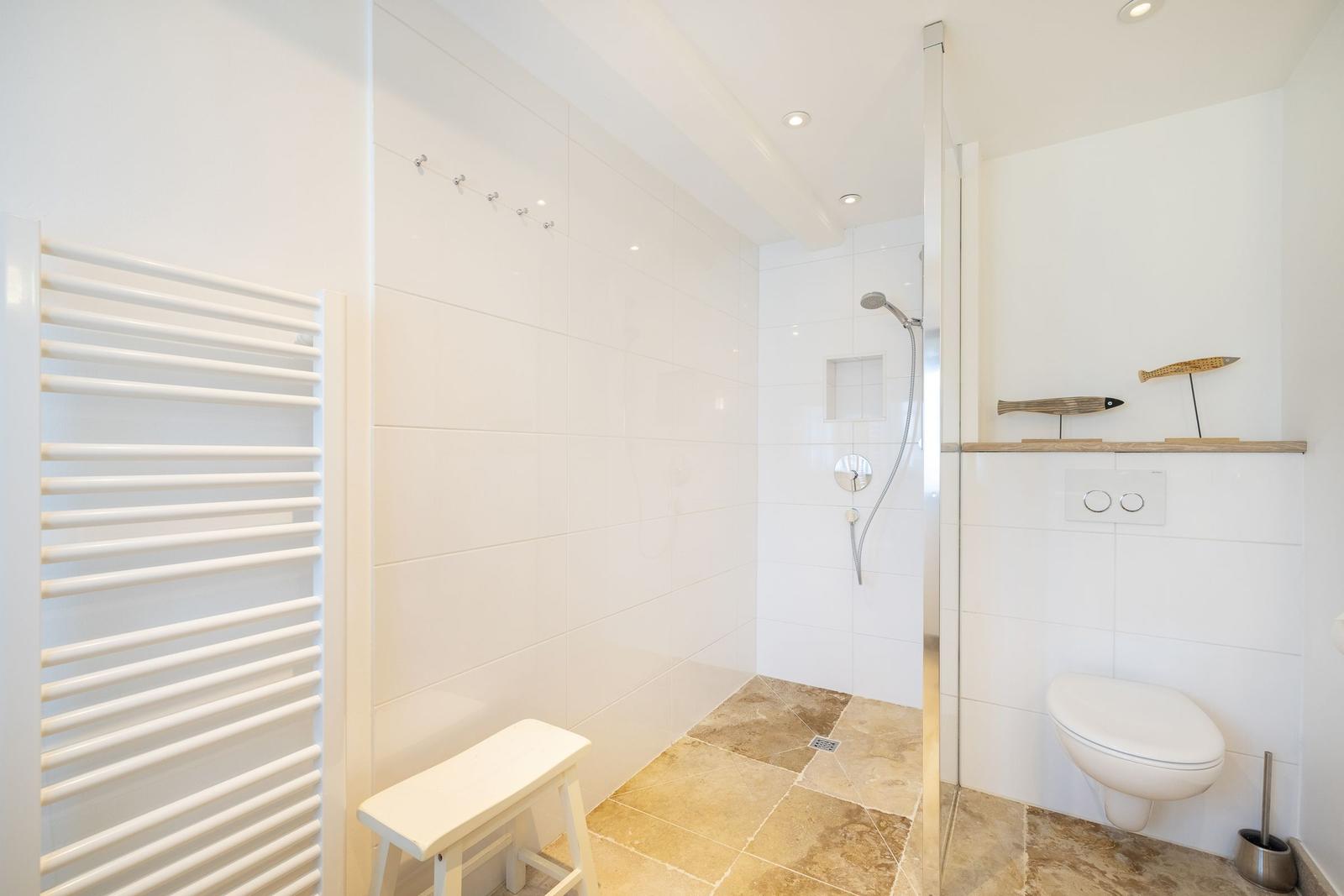 Badezimmer mit Dusche, Toilette und Heizkörper