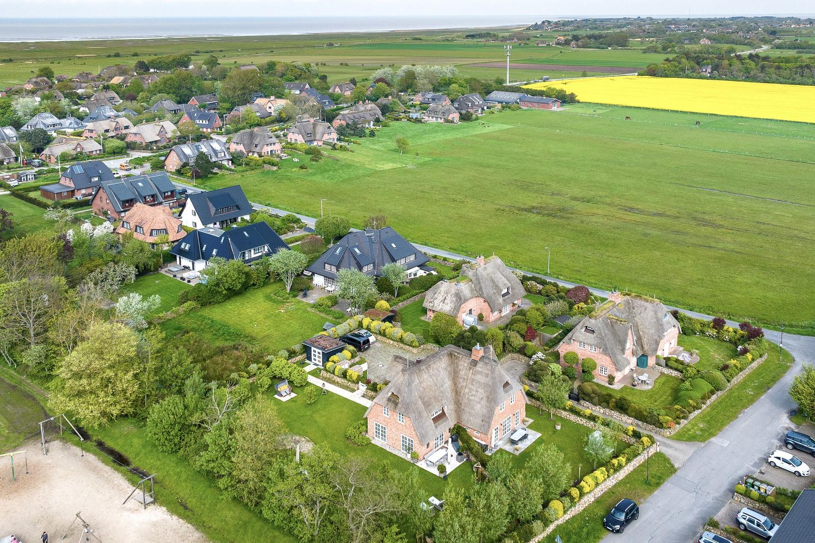Dorf mit strohgedeckten Häusern und grünen Wiesen, gelbes Rapsfeld im Hintergrund.