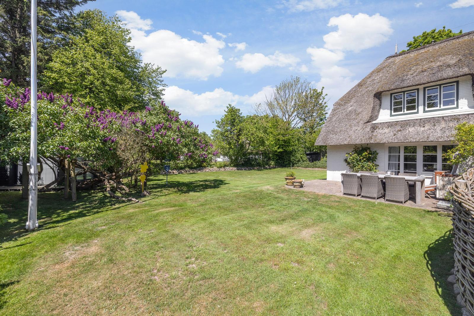 House with thatched roof, garden with lilac tree and terrace with seating area.