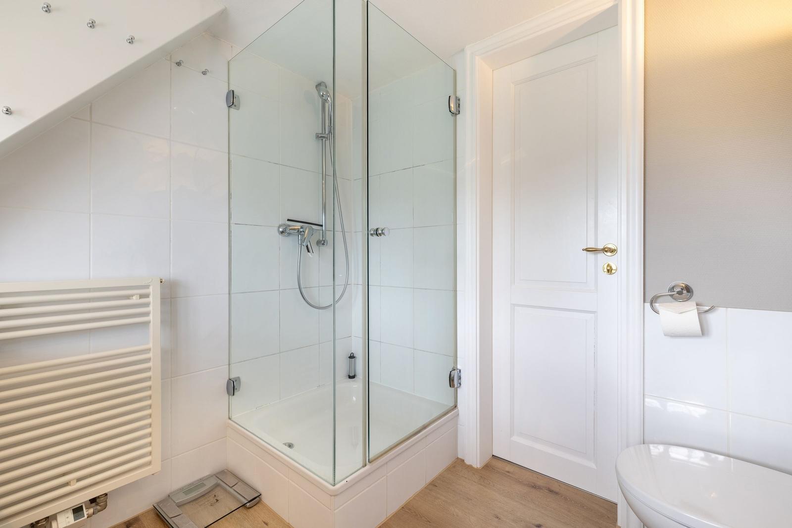 Badezimmer mit Dusche, Toilette und Heizung.
