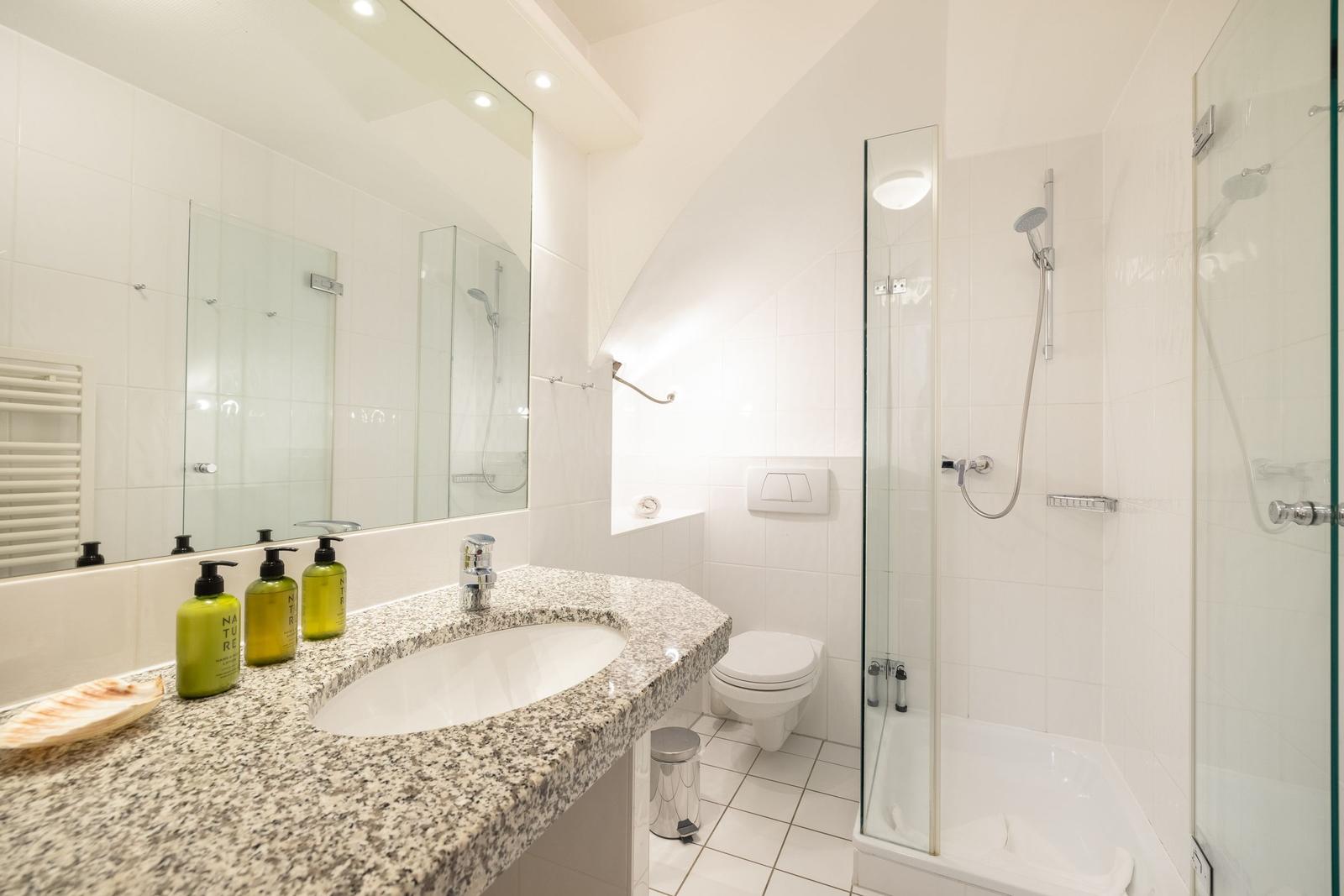 Badezimmer mit Dusche, Toilette und Waschbecken mit Spiegel