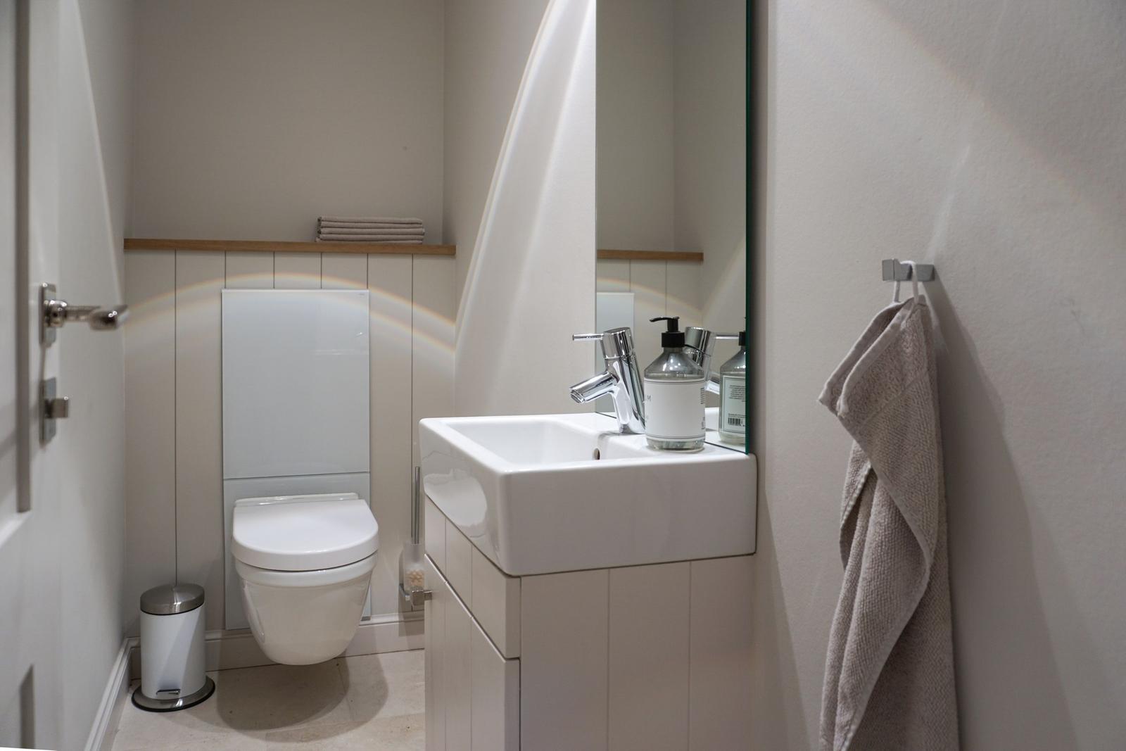 Bathroom with toilet, sink, and towel rack