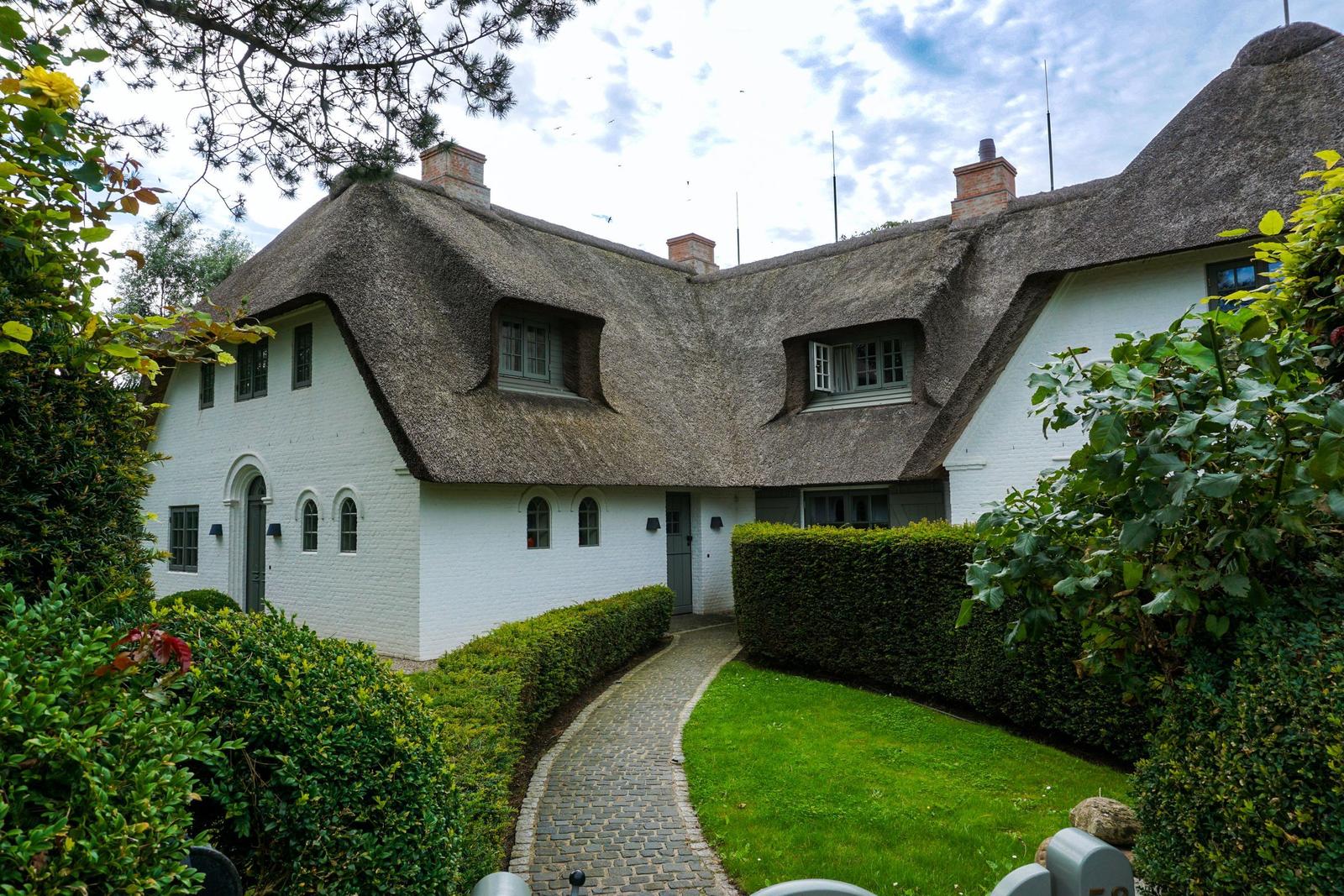 A white house with thatched roof, green lawn, and paved path.