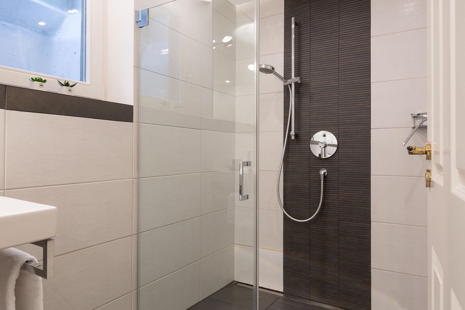 Dusche mit Glaswand, dunkler Wandverkleidung und Duschbrause