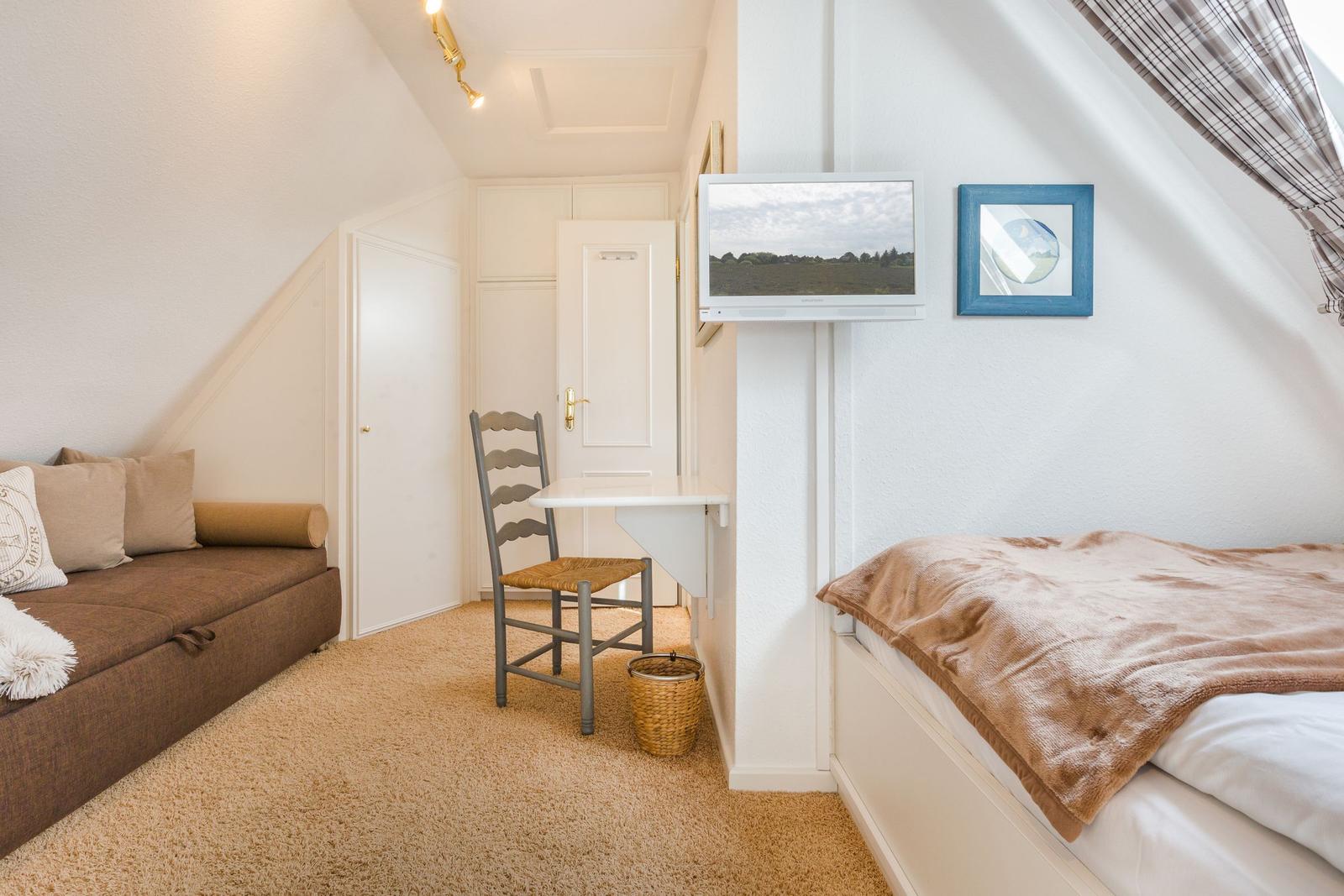 Schlafzimmer mit Bett, Sofa, Schreibtisch und Fernseher an der Wand.