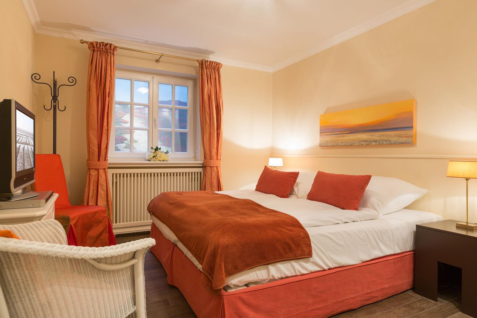 Bedroom with double bed, window, curtains, and TV.