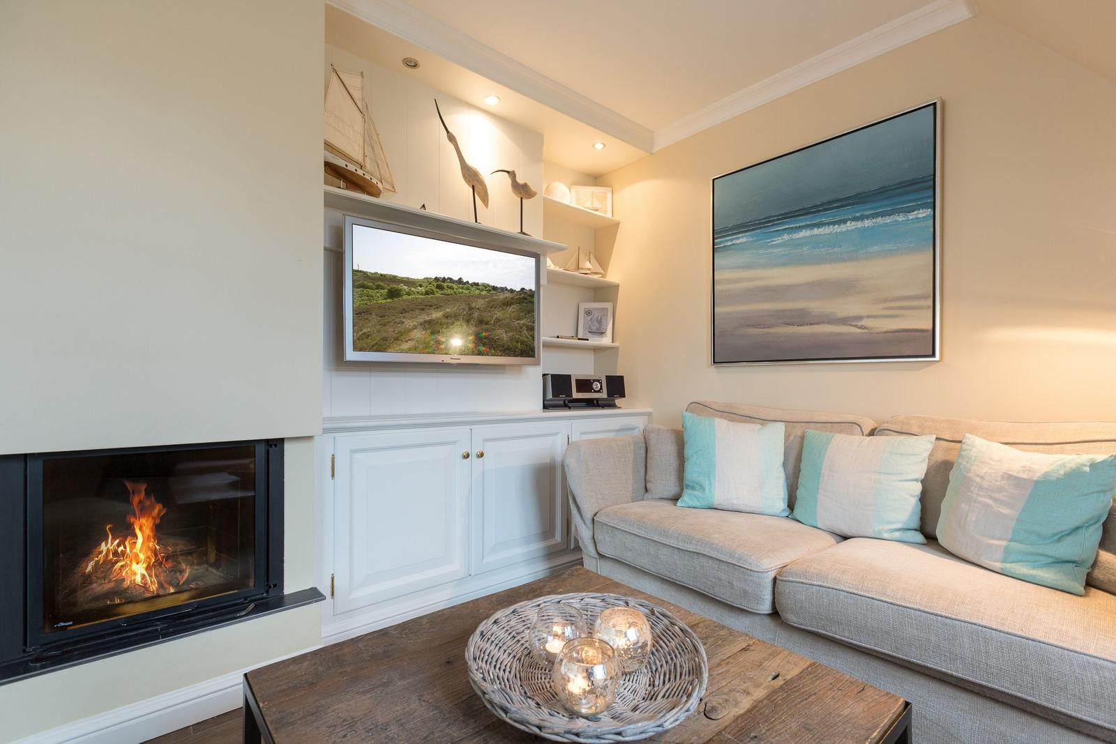 Living room with fireplace, sofa, and TV