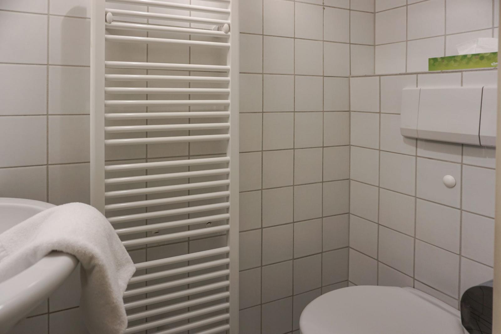 Badezimmer mit Toilette, Handtuchhalter und Toilettenpapier