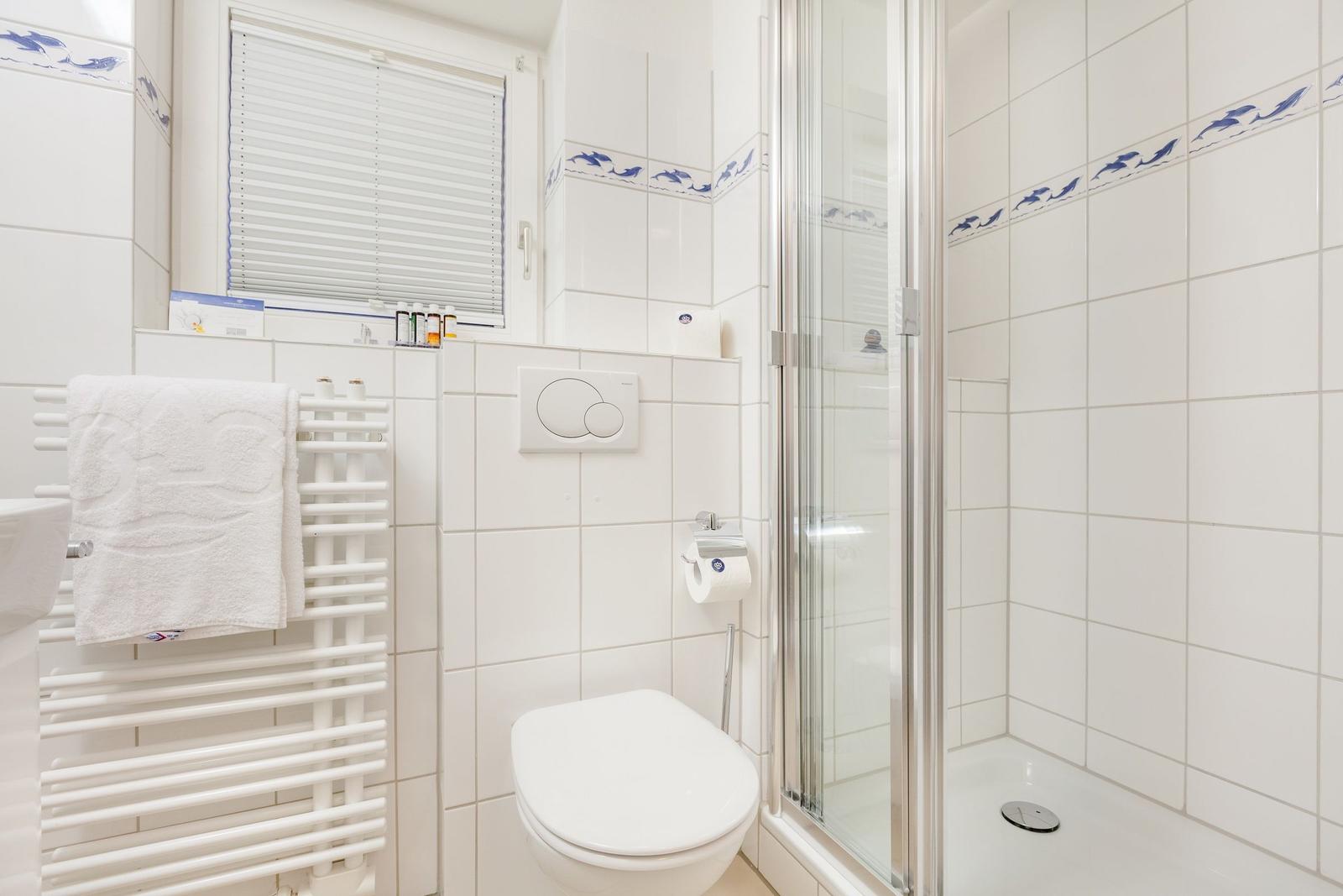 Badezimmer mit Dusche, Toilette und Heizung.