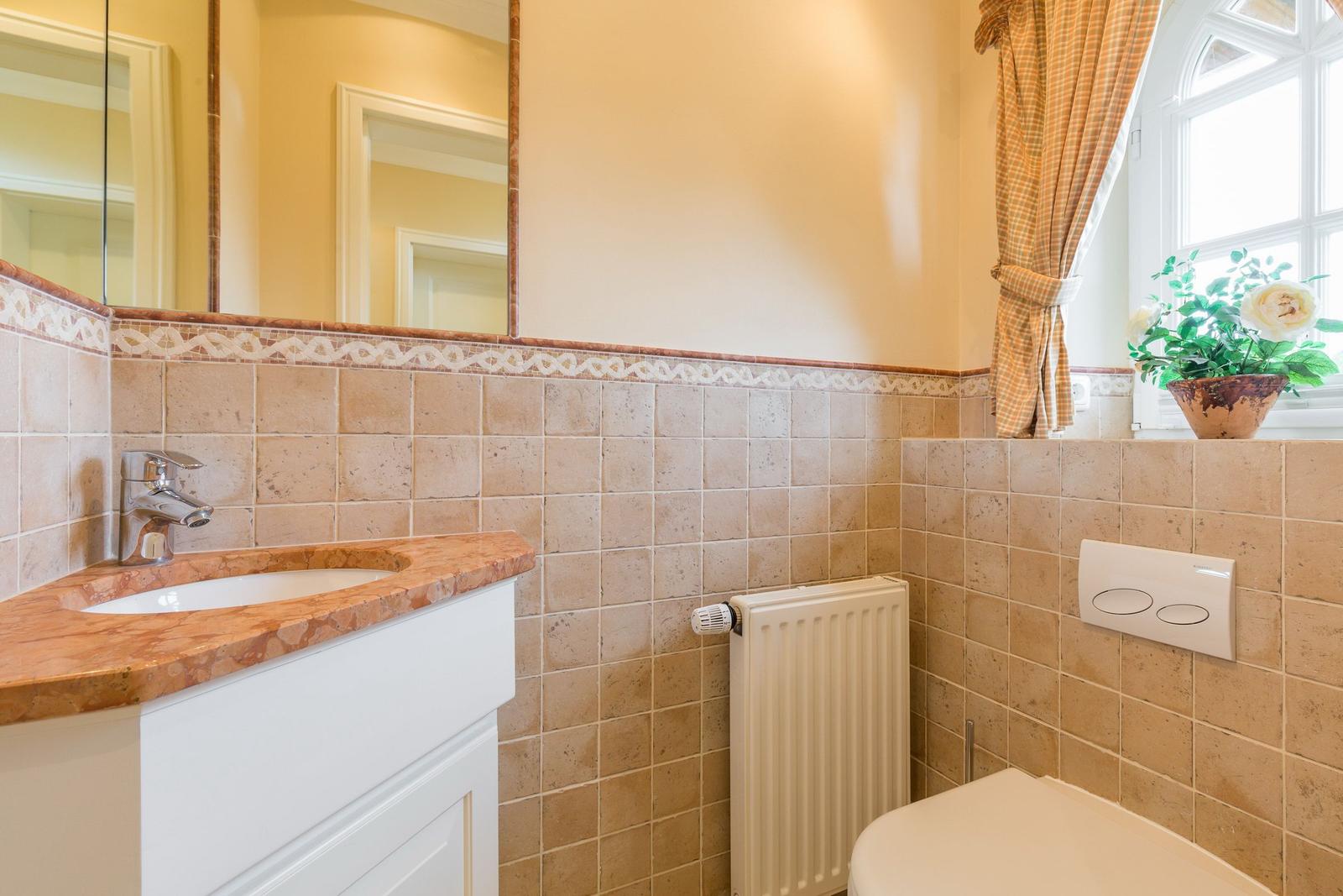 Bathroom with sink, mirror, radiator, and toilet. Window with curtain and plant.