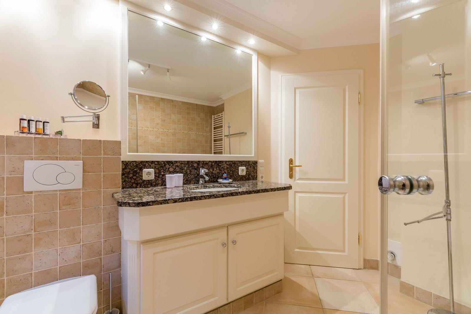 Bathroom with sink, mirror, shower, and toilet.