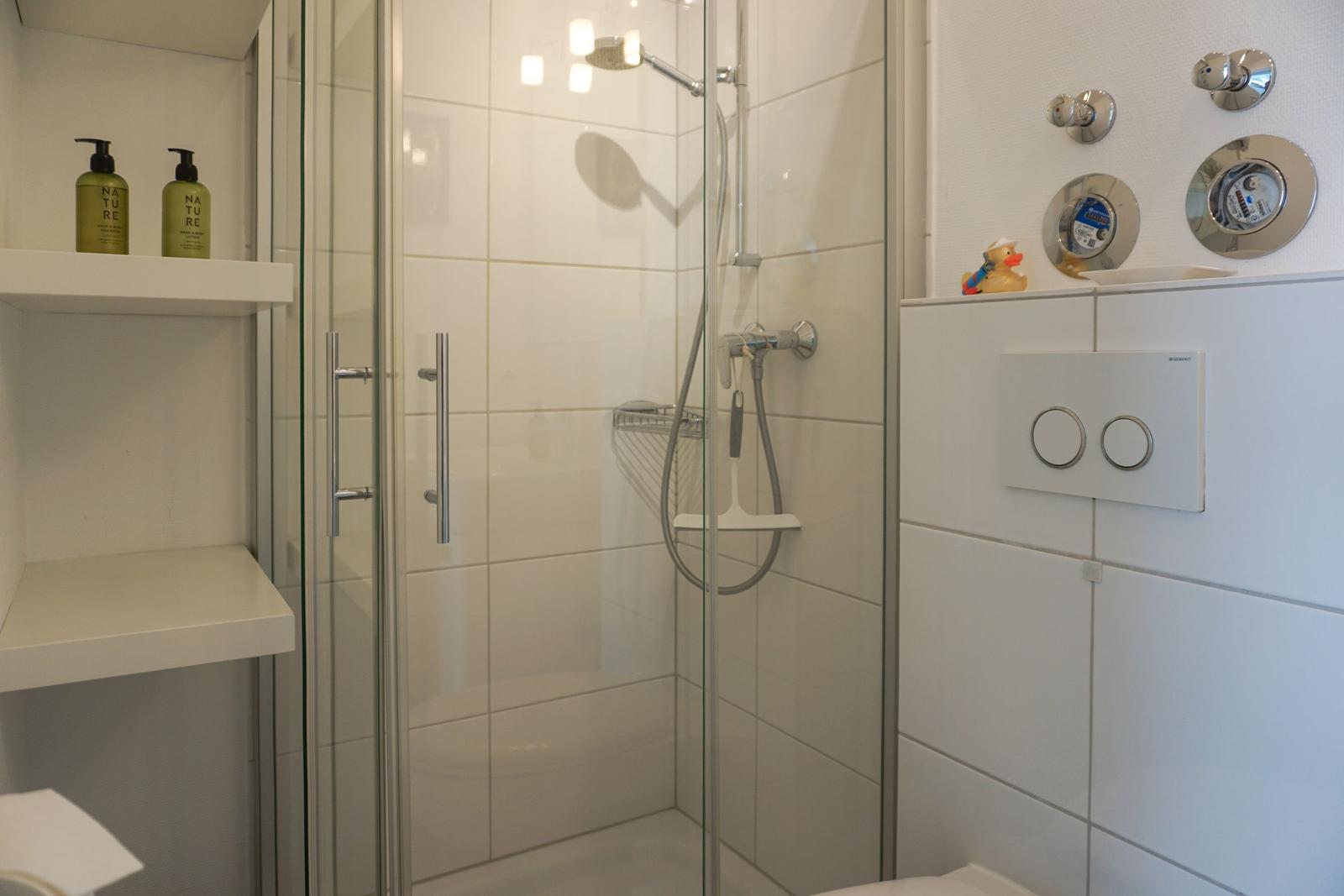 Shower cabin with glass door, showerhead, and shelf with bottles.